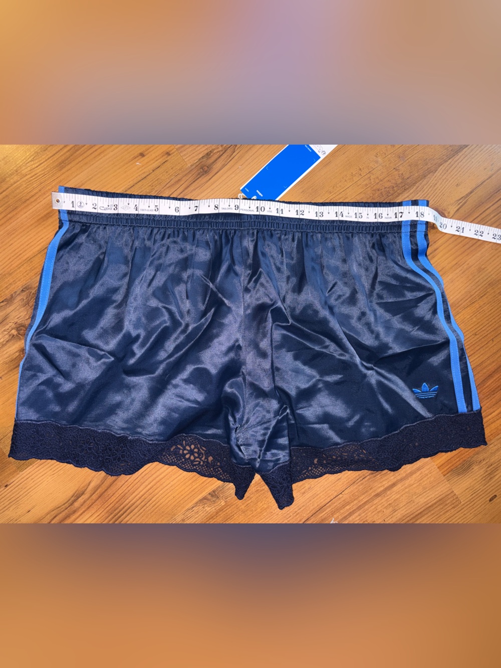 Adidas + ASOS Originals lace trim hem navy satin shorts L NWT - Picture 6 of 7